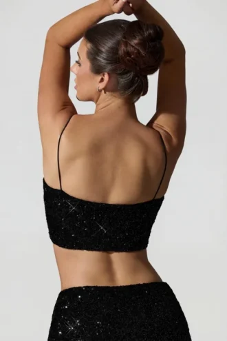 Ariana Embellished Cut-Out Crop Top in Black