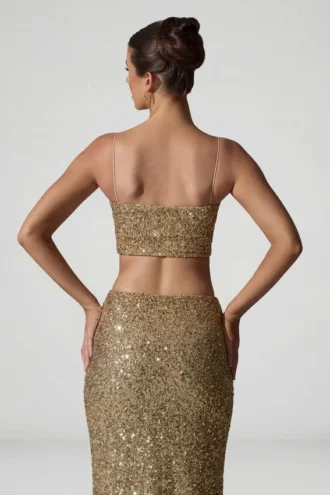 Ariana Embellished Cut-Out Crop Top in Gold