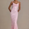 Ariette Premium Embellished Open-Back Maxi Dress in Baby Pink