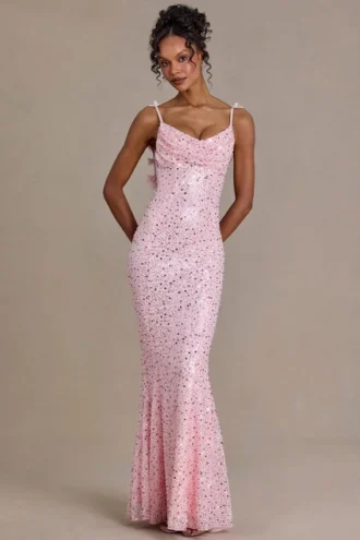 Ariette Premium Embellished Open-Back Maxi Dress in Baby Pink