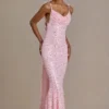 Ariette Premium Embellished Open-Back Maxi Dress in Baby Pink