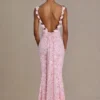 Ariette Premium Embellished Open-Back Maxi Dress in Baby Pink