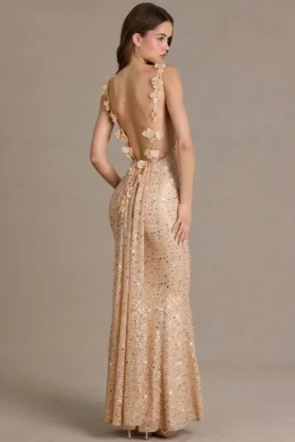 Ariette Premium Embellished Open-Back Maxi Dress in Gold