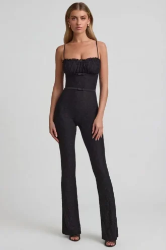 Arlena Bow-Detail Lace Flared Jumpsuit in Black