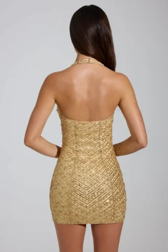 Arlona Embellished Halterneck Mini Dress in Gold