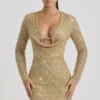 Arlowe Embellished Cowl-Neck Mini Dress in Gold