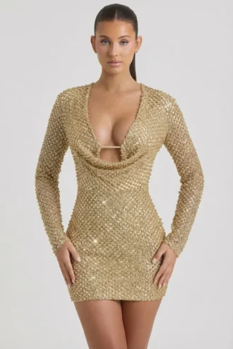 Arlowe Embellished Cowl-Neck Mini Dress in Gold