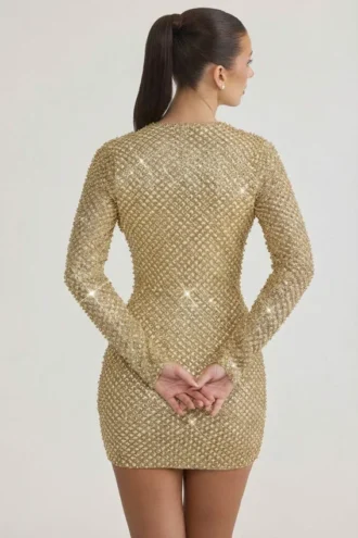Arlowe Embellished Cowl-Neck Mini Dress in Gold