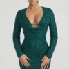 Arlowe Embellished Cowl-Neck Mini Dress in Teal Green