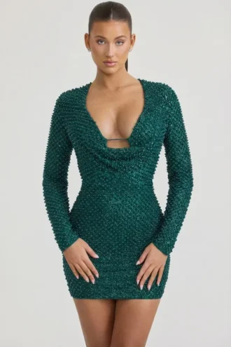 Arlowe Embellished Cowl-Neck Mini Dress in Teal Green