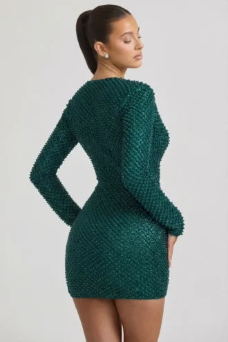 Arlowe Embellished Cowl-Neck Mini Dress in Teal Green