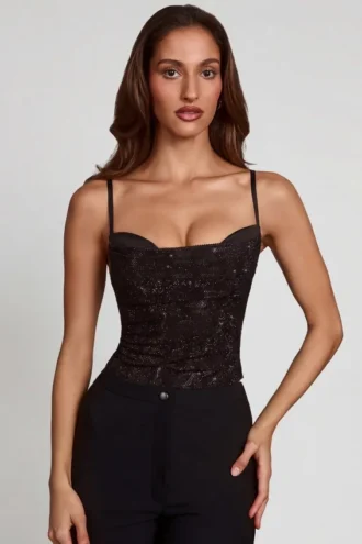 Armelia Embellished Peekaboo Cowl-Neck Top in Black