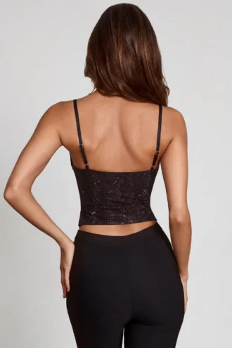Armelia Embellished Peekaboo Cowl-Neck Top in Black