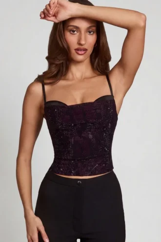 Armelia Embellished Peekaboo Cowl-Neck Top in Purple Snake