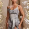 Aspen Draped Neck A-Line Mini Dress in Grey Print