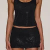 Asta Embellished Mid-Rise A-Line Mini Skirt in Black
