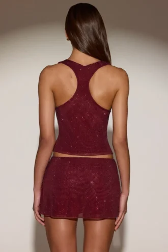 Aine Embellished Jersey Scoop-Neck Racerback Top in Burgundy