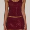 Asta Embellished Mid-Rise A-Line Mini Skirt in Burgundy