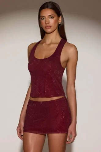 Aine Embellished Jersey Scoop-Neck Racerback Top in Burgundy