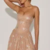 Atiyah Embellished Strappy Skater Mini Dress in Almond