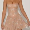 Atiyah Embellished Strappy Skater Mini Dress in Almond