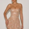 Atiyah Embellished Strappy Skater Mini Dress in Almond