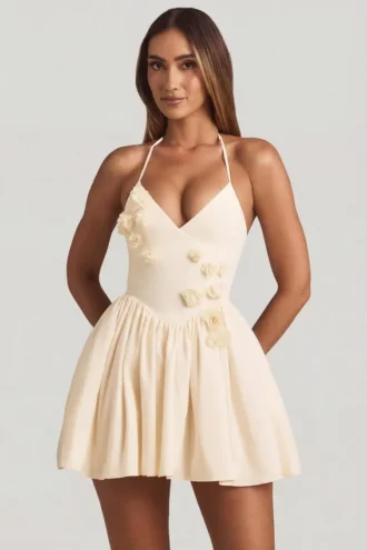Augusta Halterneck Floral-Appliqué Corset Mini Dress in Ivory