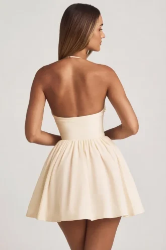 Augusta Halterneck Floral-Appliqué Corset Mini Dress in Ivory