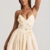 Augusta Halterneck Floral-Appliqué Corset Mini Dress in Ivory