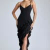 Aurelie Panelled Ruffle Evening Gown in Black