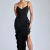 Aurelie Panelled Ruffle Evening Gown in Black
