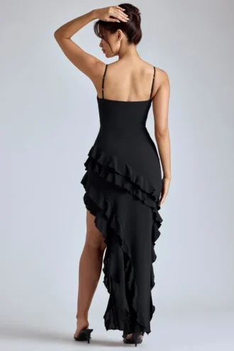 Aurelie Panelled Ruffle Evening Gown in Black