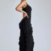 Aurelie Panelled Ruffle Evening Gown in Black