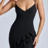 Aurelie Panelled Ruffle Evening Gown in Black