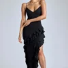 Aurelie Panelled Ruffle Evening Gown in Black