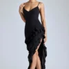 Aurelie Panelled Ruffle Evening Gown in Black