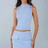 Aurelle Faux Suede Turtleneck Top  in Soft Blue