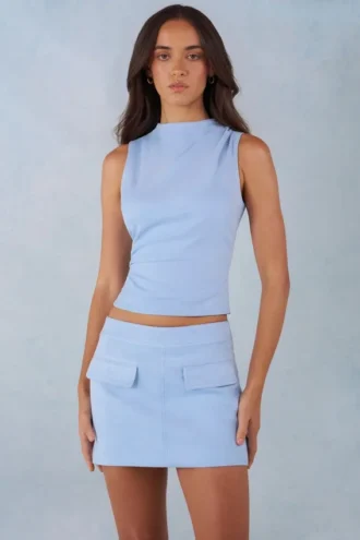 Aurelle Faux Suede Turtleneck Top  in Soft Blue