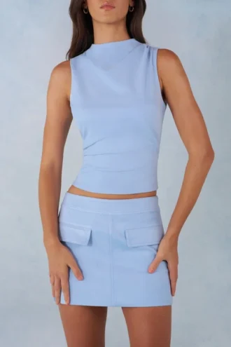 Aurelle Faux Suede Turtleneck Top  in Soft Blue