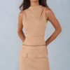 Aurelle Faux Suede Turtleneck Top  in Tan