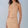 Aurelle Faux Suede Turtleneck Top  in Tan