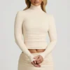 Auri Modal Ruched Backless Turtleneck Top in Ivory