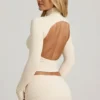 Auri Modal Ruched Backless Turtleneck Top in Ivory
