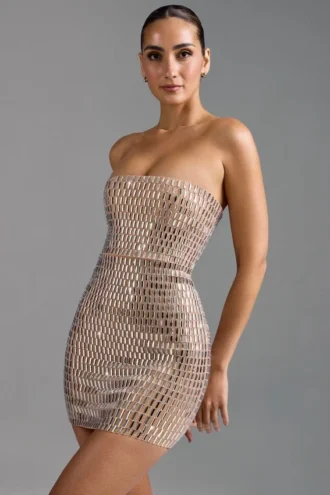 Aurora Embellished Bandeau Mini Dress in Almond