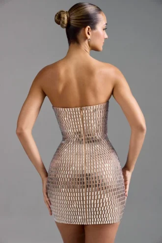 Aurora Embellished Bandeau Mini Dress in Almond