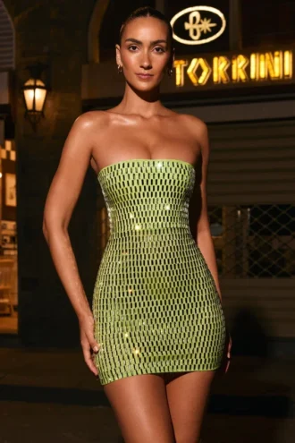 Aurora Embellished Bandeau Mini Dress in Pear Green