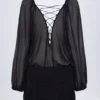 Avalon Lace-Up Balloon-Sleeve Mini Dress in Black
