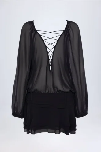 Avalon Lace-Up Balloon-Sleeve Mini Dress in Black