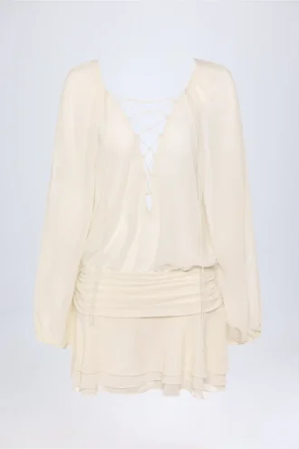 Avalon Lace-Up Balloon-Sleeve Mini Dress in Ivory