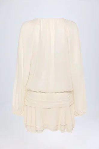 Avalon Lace-Up Balloon-Sleeve Mini Dress in Ivory
